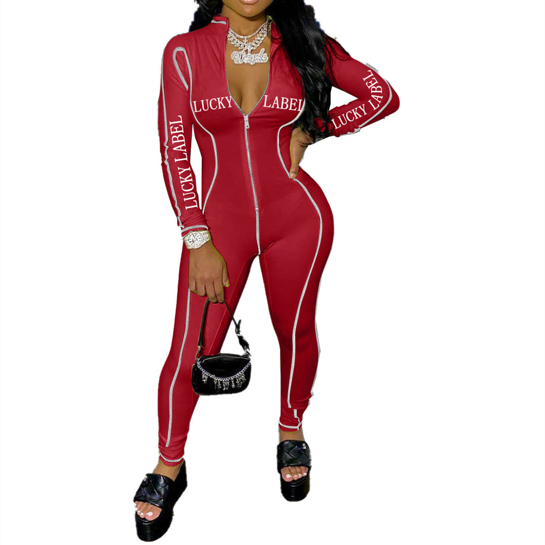 European and American alphabet print sexy zipper jumpsuit