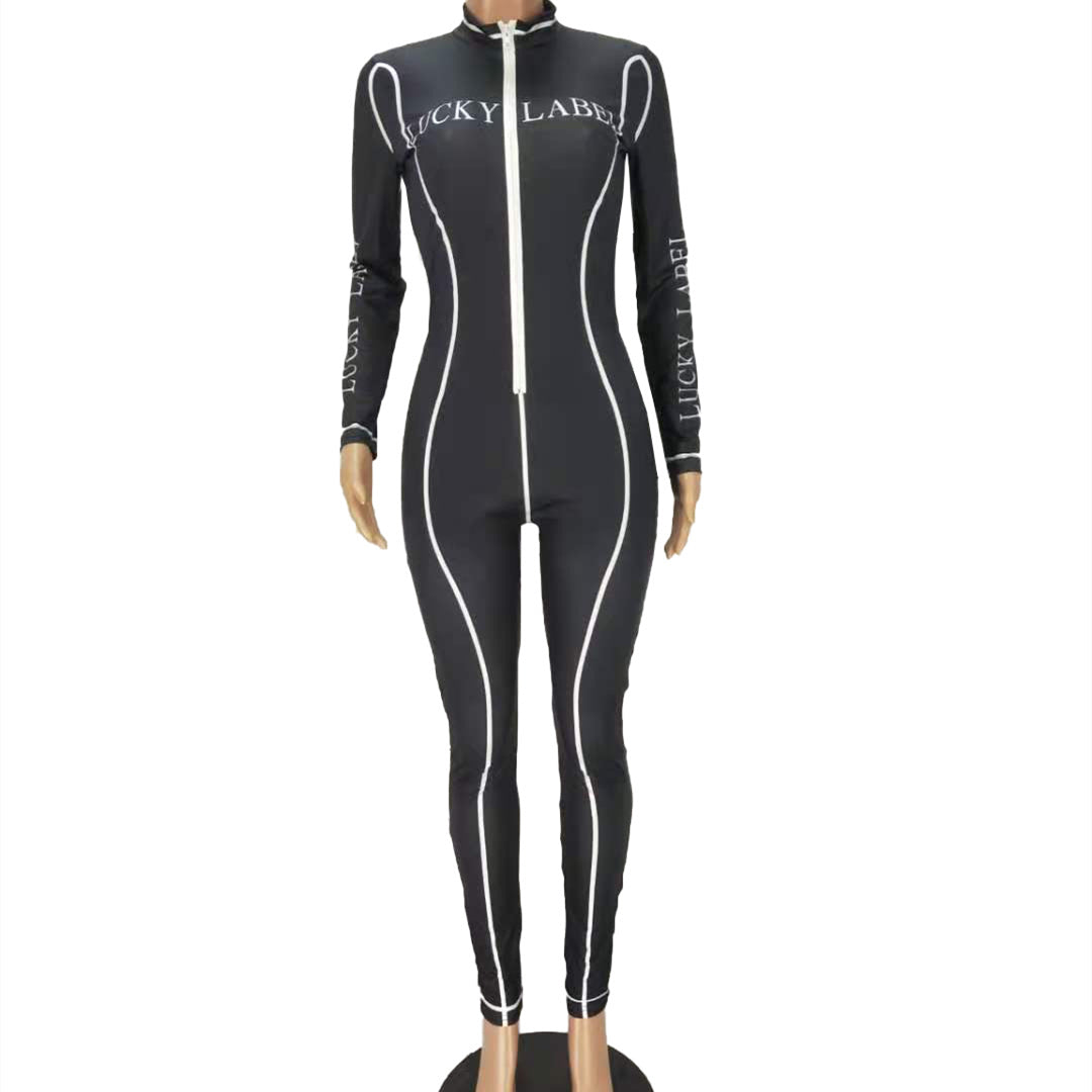 European and American alphabet print sexy zipper jumpsuit