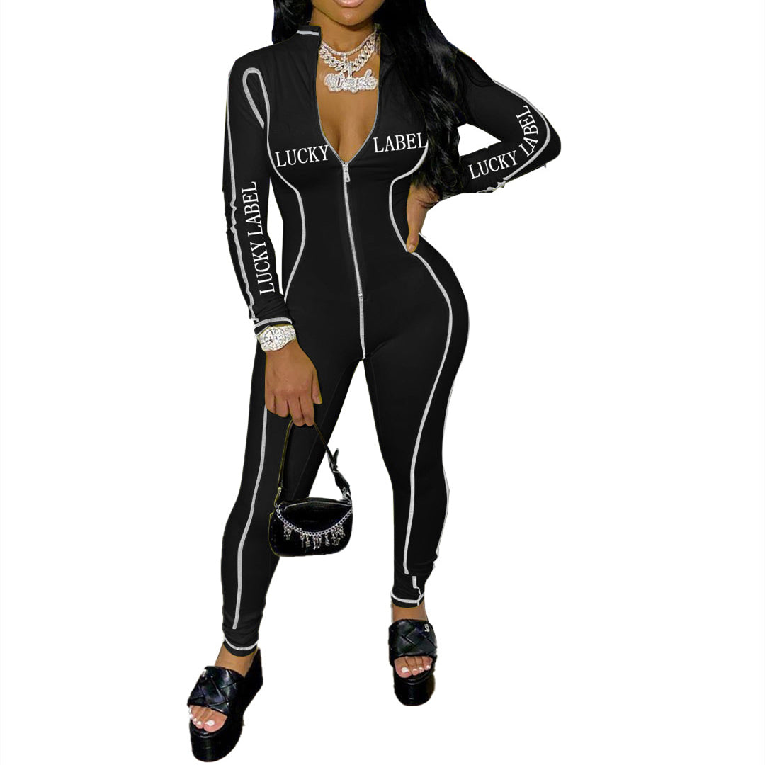 European and American alphabet print sexy zipper jumpsuit
