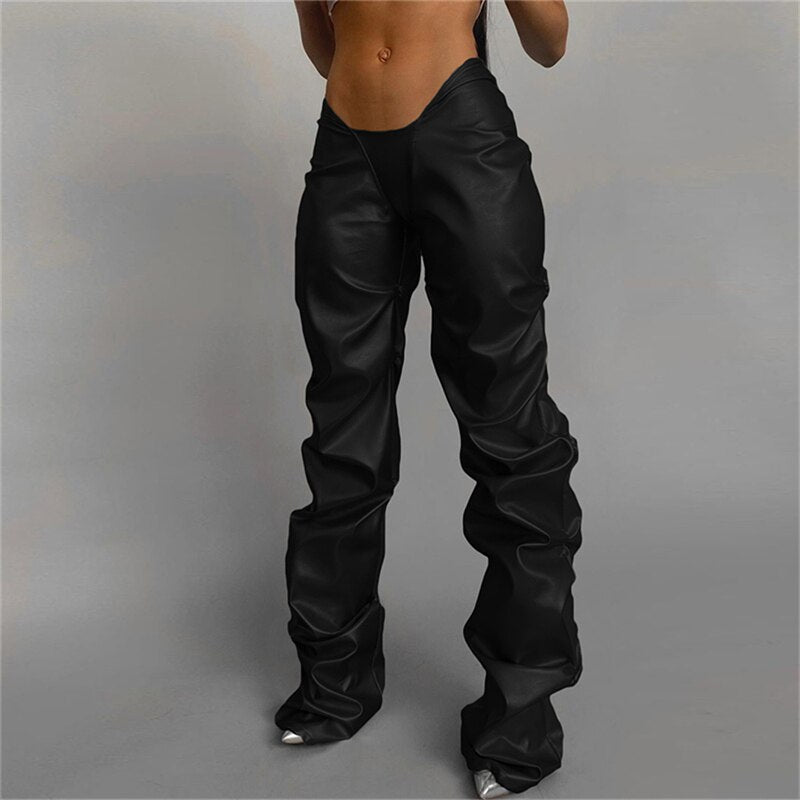 Solid Faux PU Leather Shiny Women Pants Hipster High Street Irregular Shape Folds Clothing Elastic Waist Female Streetwear