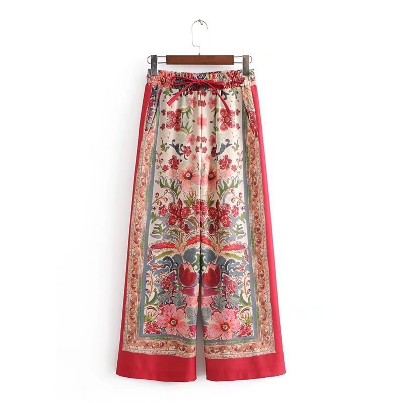 Women's Trouser Suit Cross V-Neck Long Sleeve V Neck Kimono Jackets+Printed Wide Leg Trousers Two Piece Set Suits Autumn Wear
