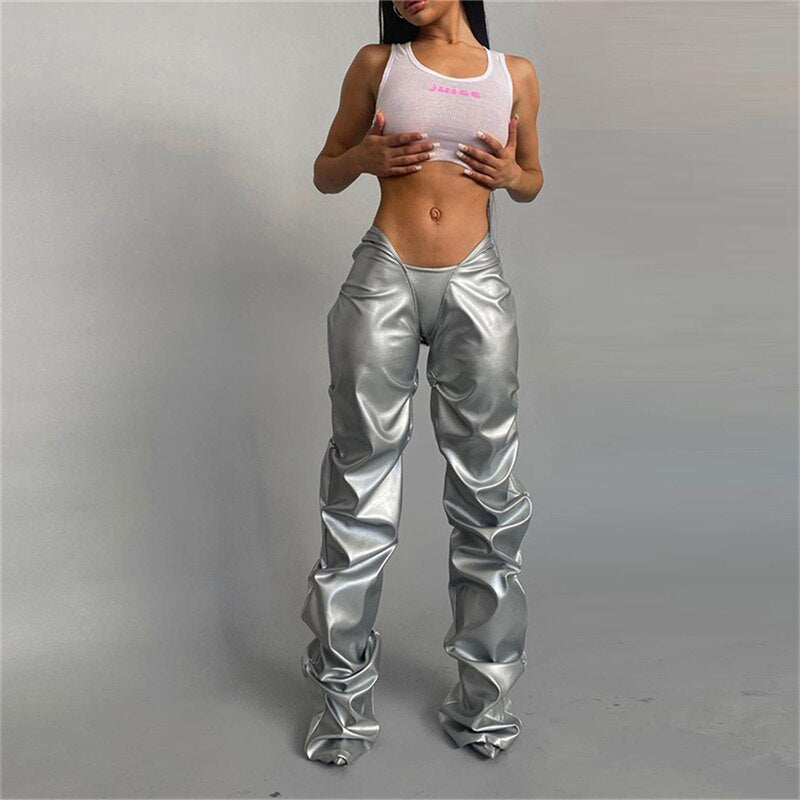 Solid Faux PU Leather Shiny Women Pants Hipster High Street Irregular Shape Folds Clothing Elastic Waist Female Streetwear