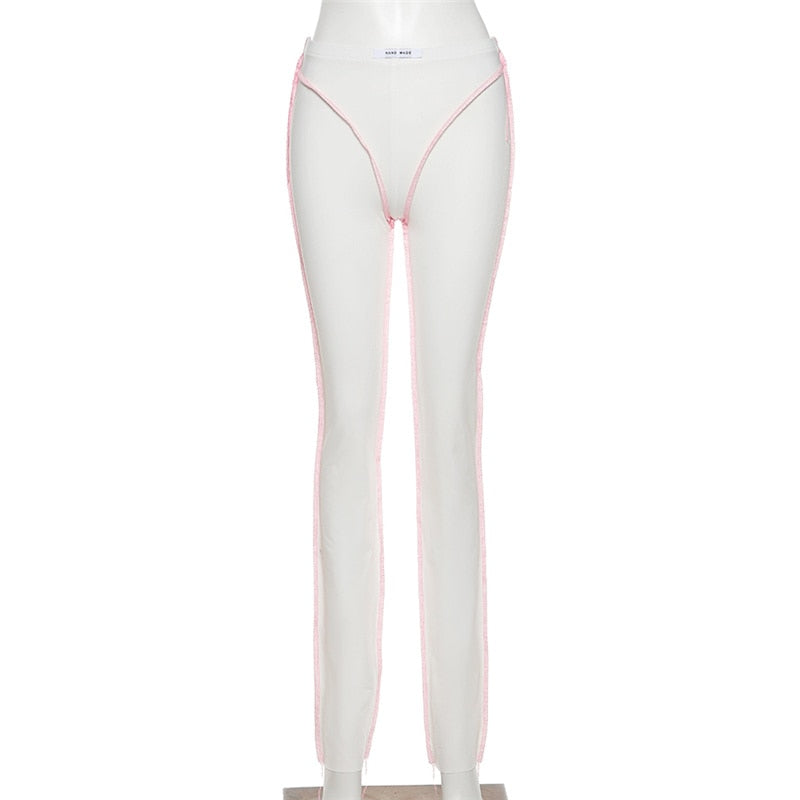 Women Unique Bright Line Casual Trousers Decoration Irregular Shape Pants High Waist Stretchy Sporty Casualwear