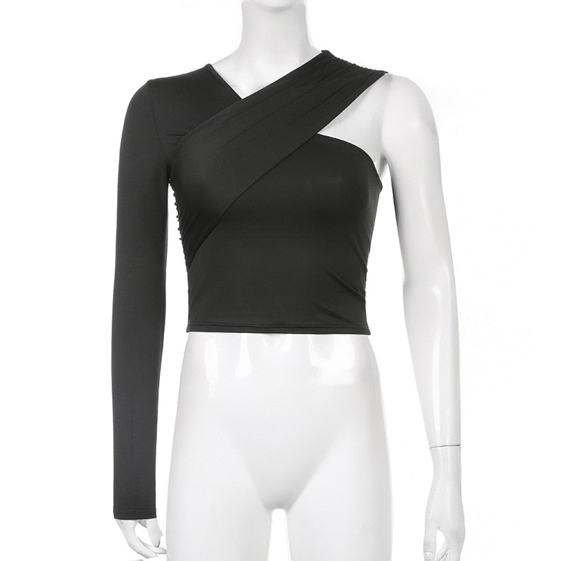 V Neck One-shoulder Solid T-shirts Streetwear Crop Tops