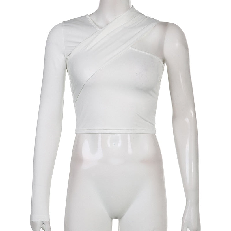 V Neck One-shoulder Solid T-shirts Streetwear Crop Tops