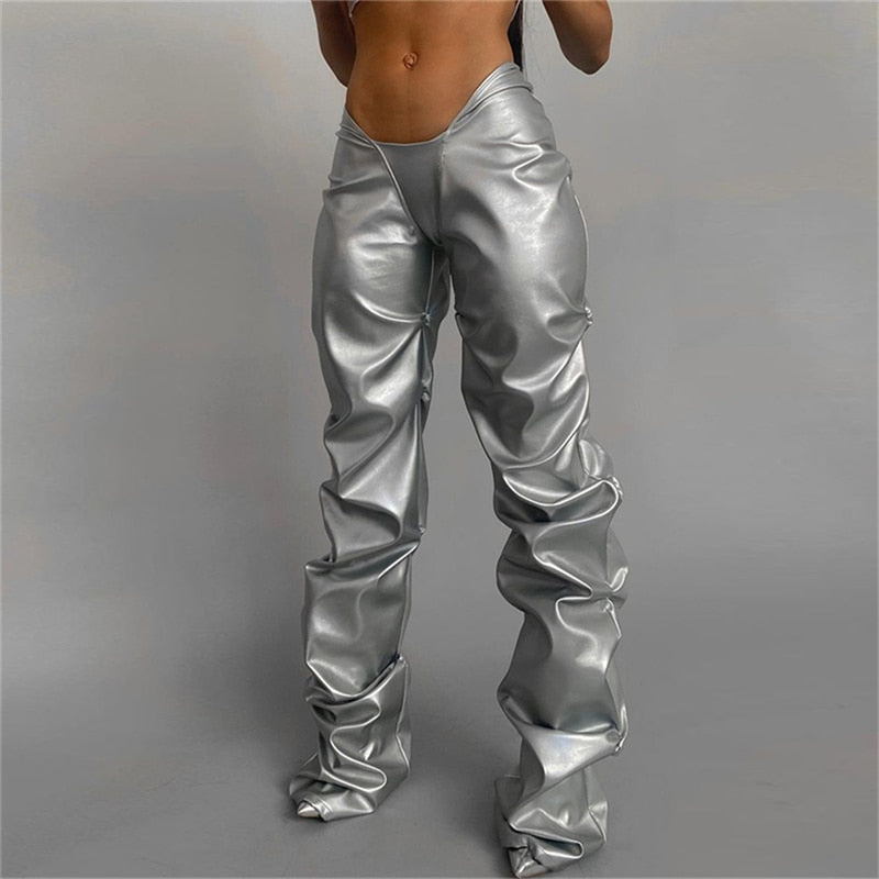 Solid Faux PU Leather Shiny Women Pants Hipster High Street Irregular Shape Folds Clothing Elastic Waist Female Streetwear