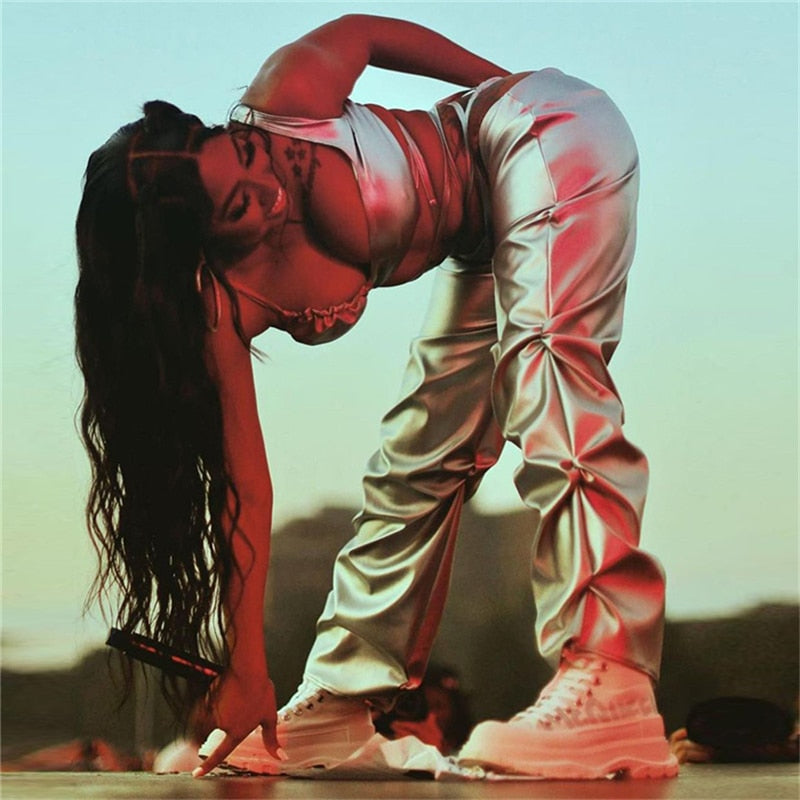 Solid Faux PU Leather Shiny Women Pants Hipster High Street Irregular Shape Folds Clothing Elastic Waist Female Streetwear