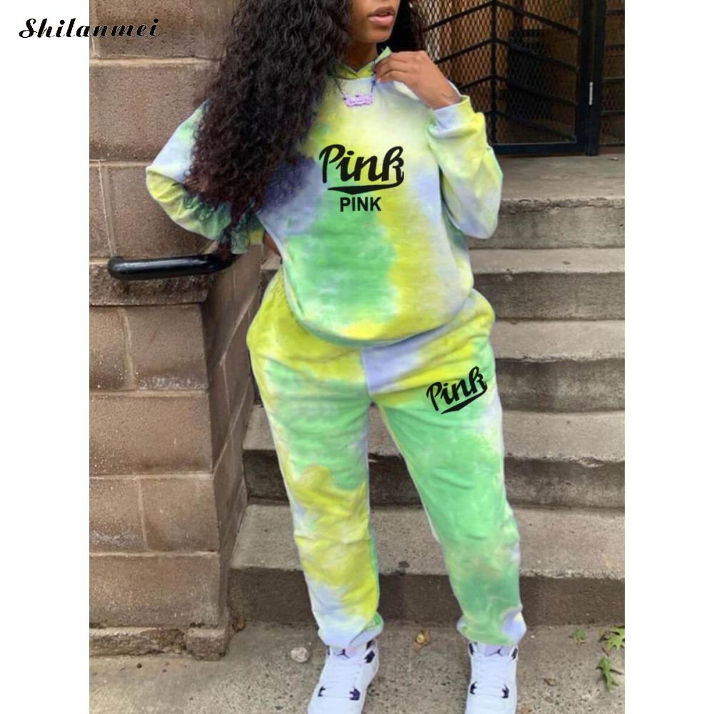 Tie Dye Two Piece Sets Women 3XL Tracksuits Suits Pink Letter Print Casual Sporty Hoody Outfits 2022 Spring Fashion Sweatsuits
