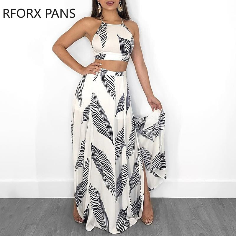 Women Leaf Print Backless Two Pieces Dress Cami Top & Split Maxi Set Dress