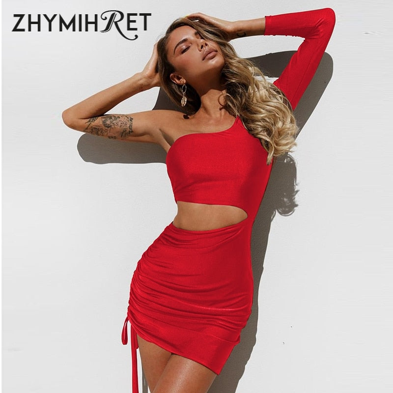 ZHYMIHRET Fashion Fall One Shoulder Dress Women 2022 Sexy Ruched Waist Hollow Out Dresses Long Sleeve Vestido De Festa Longo