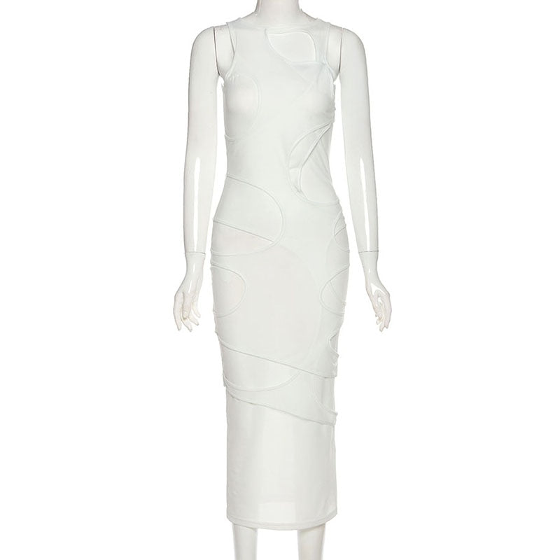 Sleeveless O-Neck Solid Patchwork Mesh Maxi Dress
