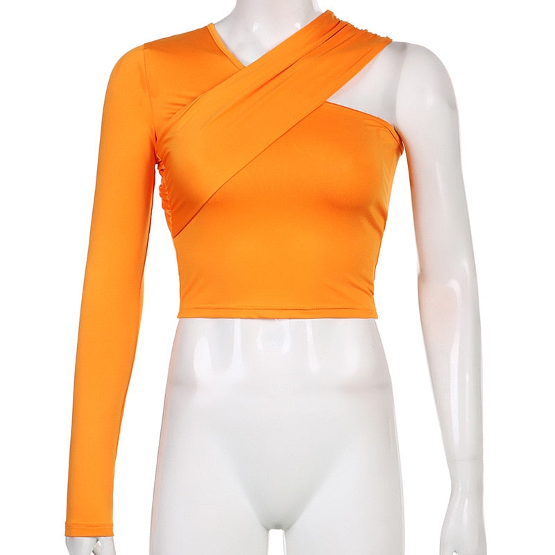 V Neck One-shoulder Solid T-shirts Streetwear Crop Tops