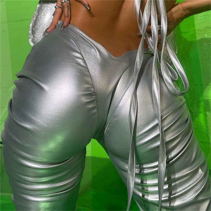 Solid Faux PU Leather Shiny Women Pants Hipster High Street Irregular Shape Folds Clothing Elastic Waist Female Streetwear