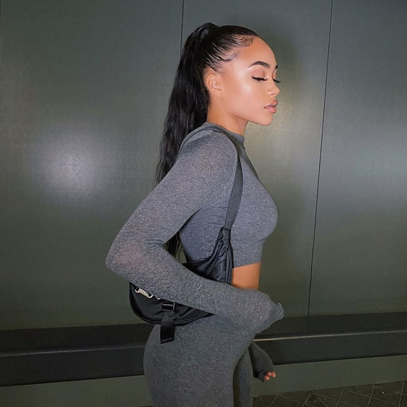 fashion tracksuit women turtleneck full sleeveless crop top+leggings matching set stretchy sporty fitness casual outfits