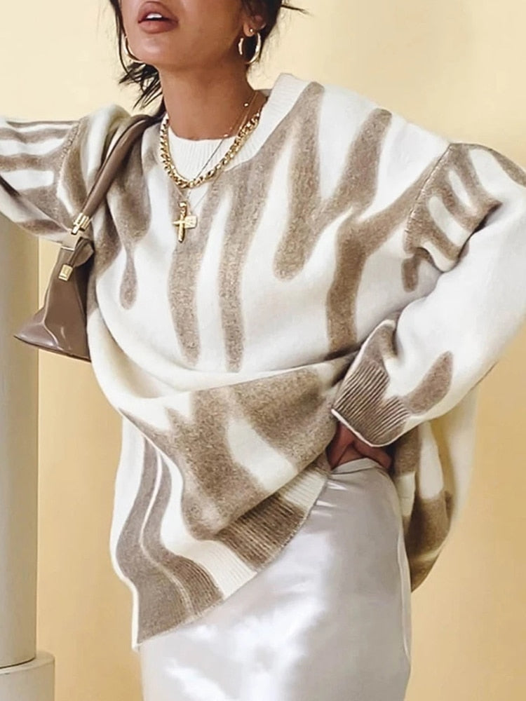 Print Knitted Striped Oversized Pullovers