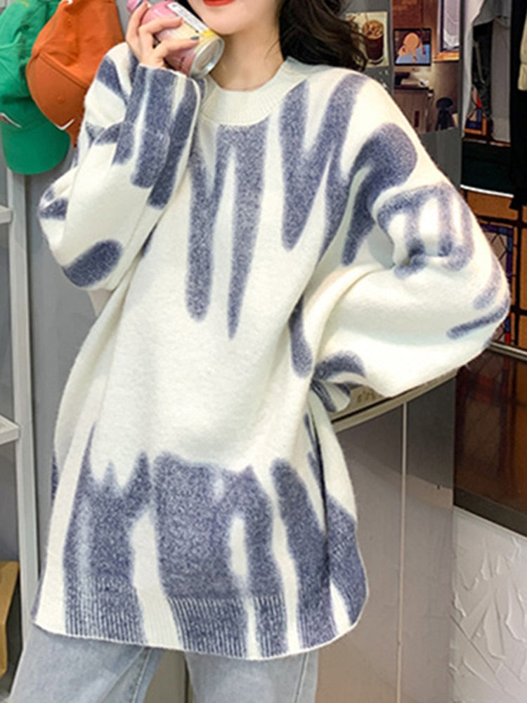 Print Knitted Striped Oversized Pullovers