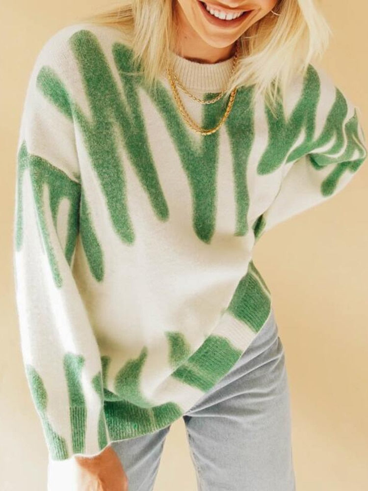 Print Knitted Striped Oversized Pullovers