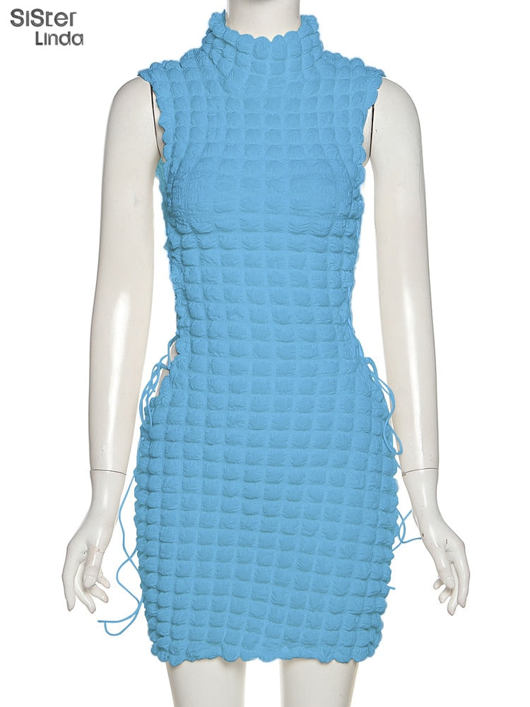 Sisterlinda Stacked Plaid Bandage Hollow Sexy Y2K Dress Women Sleeveless Turtleneck String Bodycon Party Clubwear Female Outfits