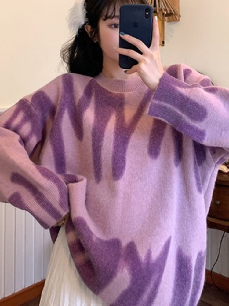 Print Knitted Striped Oversized Pullovers