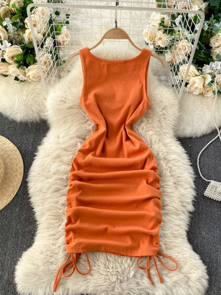 Foamlina Casual Summer Women Dress Solid O-neck Sleeveless Drawstring Ruched Mini Bodycon Dress Casual Streetwear Rib Knit Dress