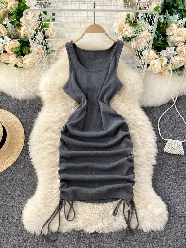 Foamlina Casual Summer Women Dress Solid O-neck Sleeveless Drawstring Ruched Mini Bodycon Dress Casual Streetwear Rib Knit Dress