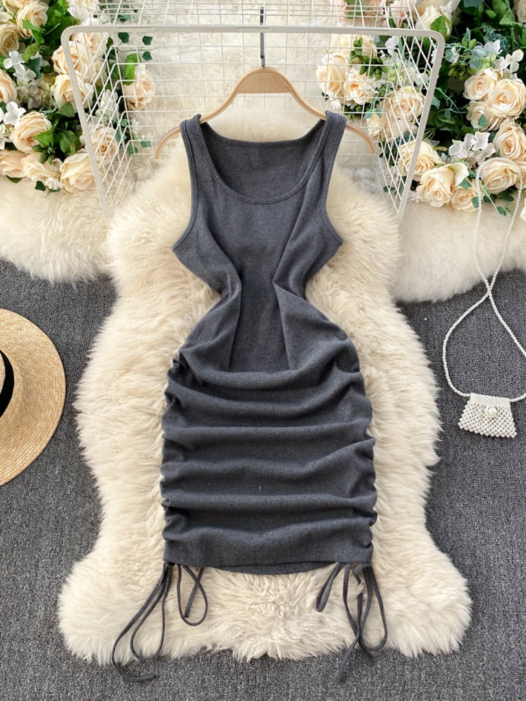 Foamlina Casual Summer Women Dress Solid O-neck Sleeveless Drawstring Ruched Mini Bodycon Dress Casual Streetwear Rib Knit Dress