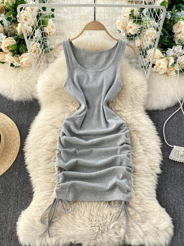 Foamlina Casual Summer Women Dress Solid O-neck Sleeveless Drawstring Ruched Mini Bodycon Dress Casual Streetwear Rib Knit Dress