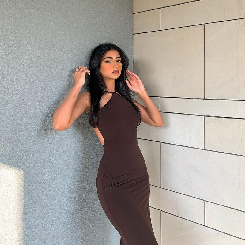 Solid Color Halter Sleeveless Halterneck Dress Long Dress