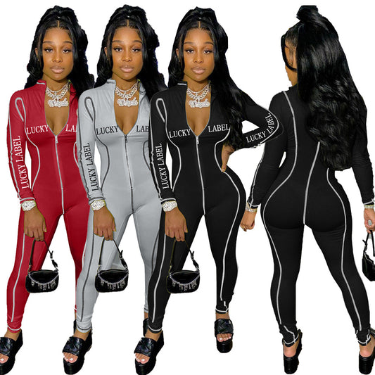 European and American alphabet print sexy zipper jumpsuit