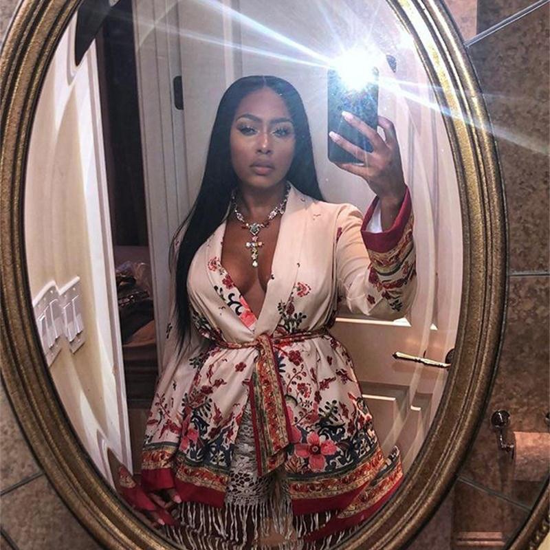 Women&#39;s Trouser Suit Cross V-Neck Long Sleeve V Neck Kimono Jackets+Printed Wide Leg Trousers Two Piece Set Suits Autumn Wear