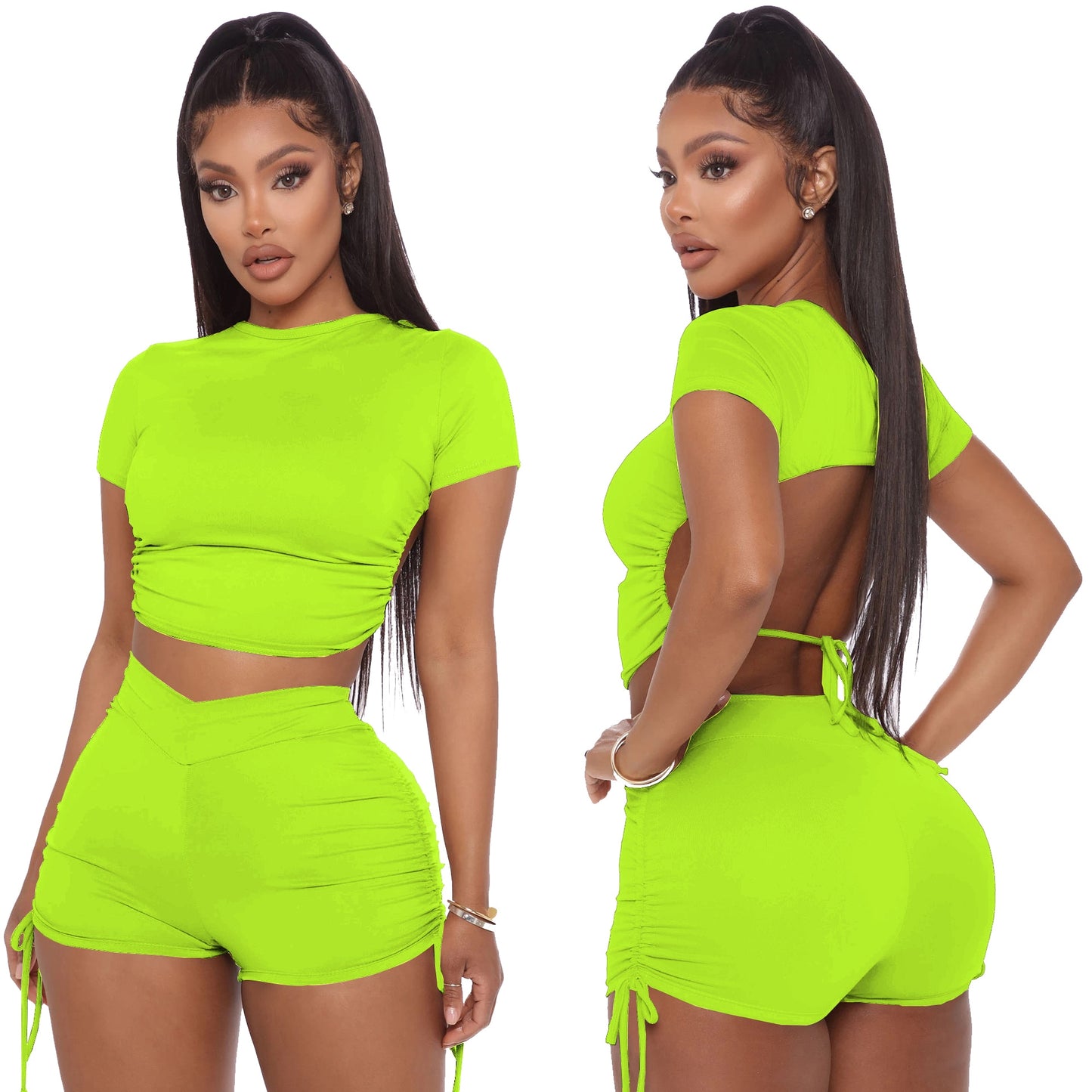 Women Summer Solid Open Back Crop Top Stacked Shorts Jogger Pnats Suit Two Piece Set Sport Matching Set Outfit Fitness Tracksuit