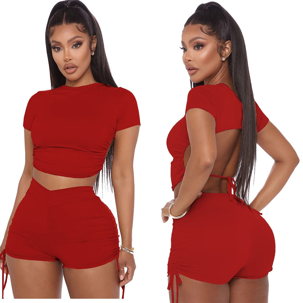 Women Summer Solid Open Back Crop Top Stacked Shorts Jogger Pnats Suit Two Piece Set Sport Matching Set Outfit Fitness Tracksuit