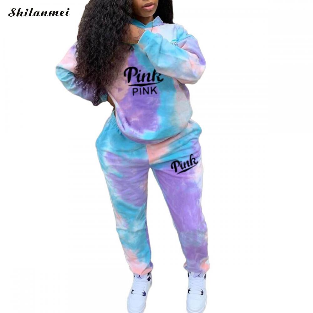 Tie Dye Two Piece Sets Women 3XL Tracksuits Suits Pink Letter Print Casual Sporty Hoody Outfits 2022 Spring Fashion Sweatsuits