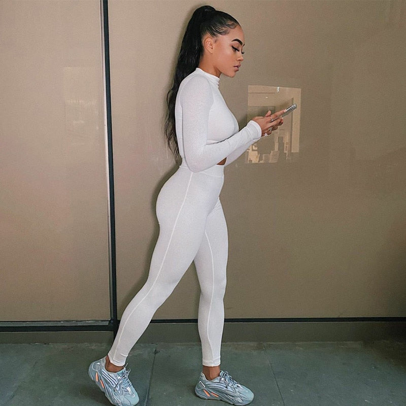 fashion tracksuit women turtleneck full sleeveless crop top+leggings matching set stretchy sporty fitness casual outfits