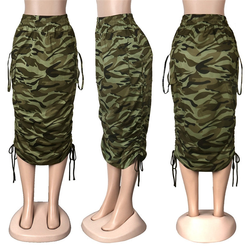 Camouflage Newspaper Print Draw String Ruched Long Skirt