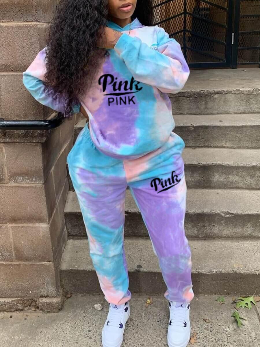 Tie Dye Two Piece Sets Women 3XL Tracksuits Suits Pink Letter Print Casual Sporty Hoody Outfits 2022 Spring Fashion Sweatsuits