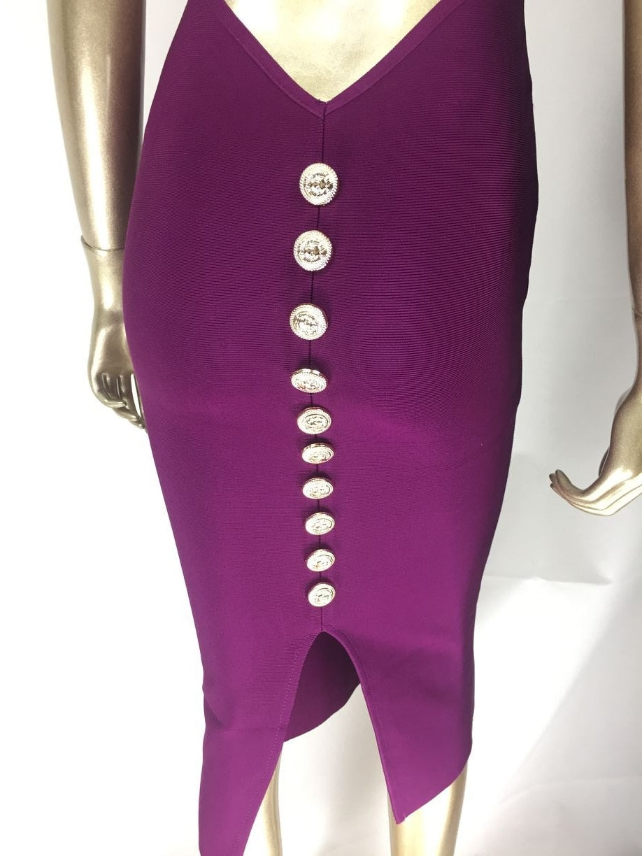 Free Shipping Top Quality Sexy V Neck Button Split Black Purple Bandage Dress 2021 Knitted Elastic Elegant Evening Party Dress