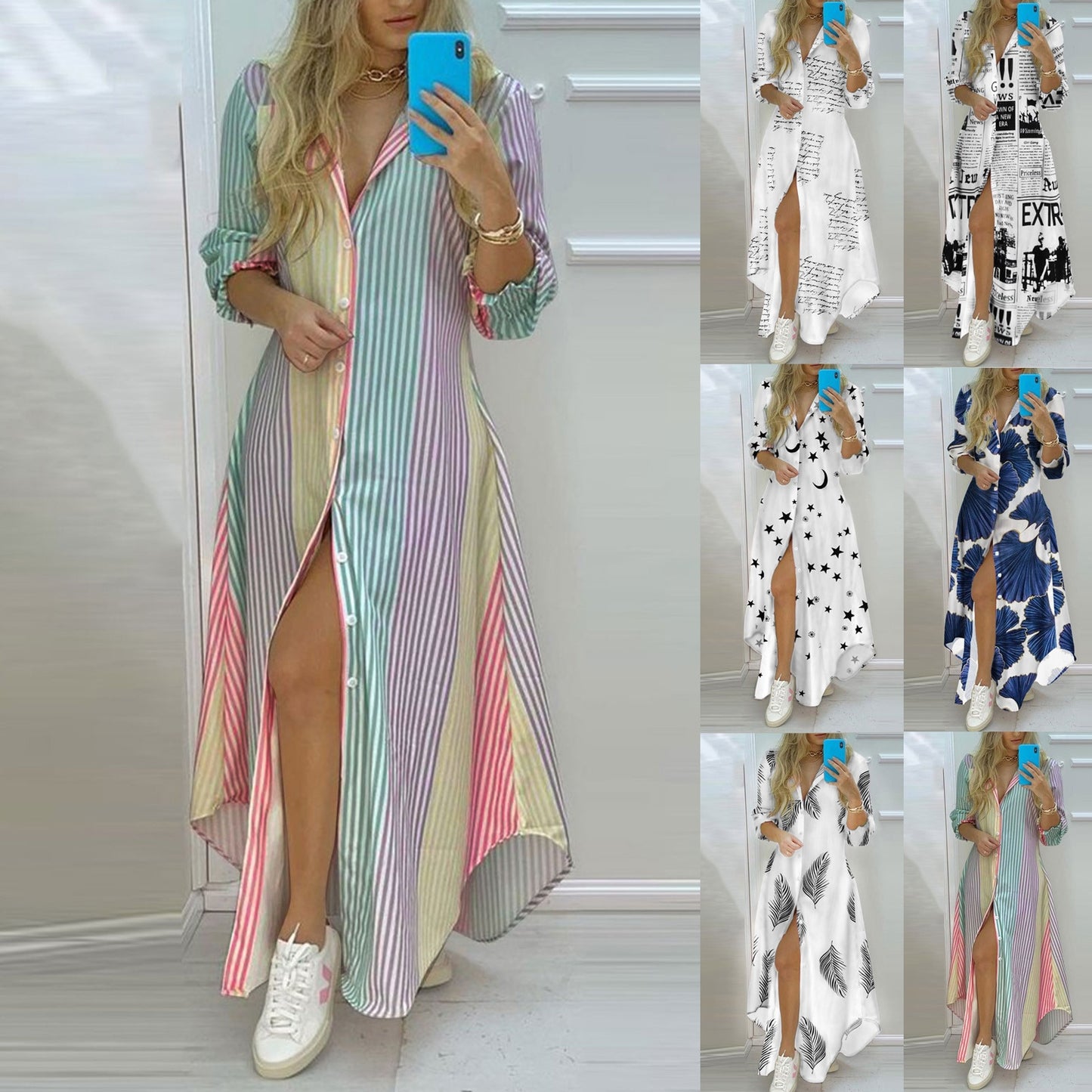 Women Stripe print Long Shirt Dress Fashion Boho Beach Button Big Maxi Dress 2023 New Letter Oversized Robe vestidos para mujer