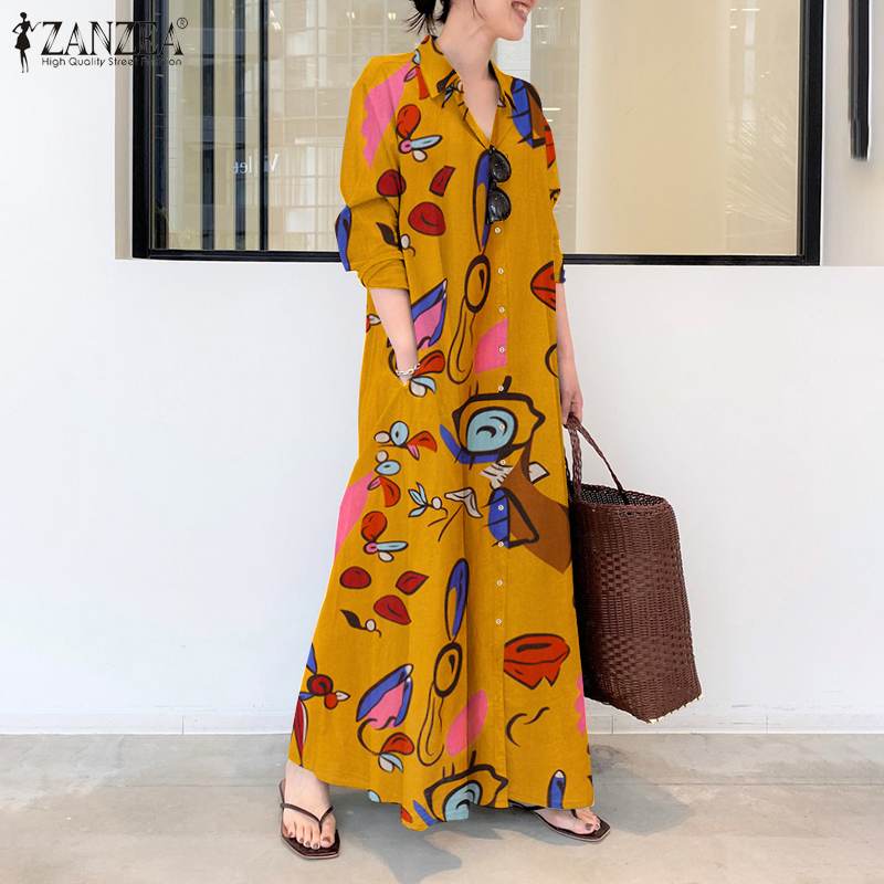 Elegant Printed Shirt Dress Women's Autumn Sundress ZANZEA Casual Long Sleeve Maxi Vestido Female Lapel Button Robe