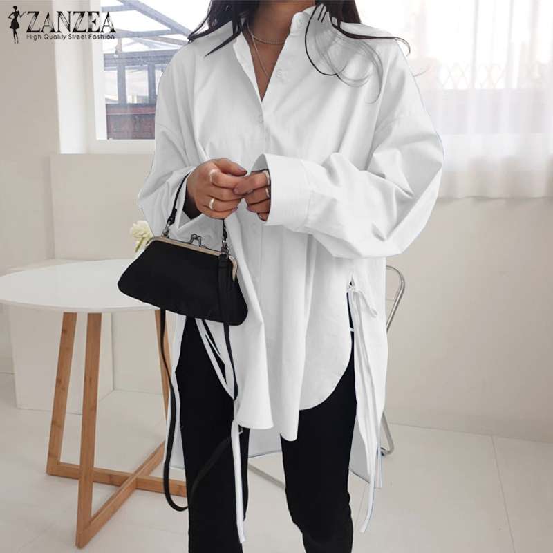 Stylish Solid Shirts Women's Asymmetrical Blouse 2022 ZANZEA Casual Lace Up Blusas Female Button Lapel Shirt Oversized Tunic