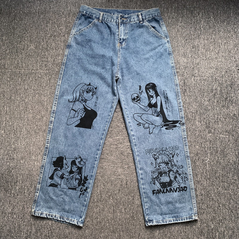 Vintage Washed Jeans Women Streetwear Jeans Harajuku Cartoon Anime Print Jeans Fashion Girl Jeans Loose Wide Leg Pants Cotton