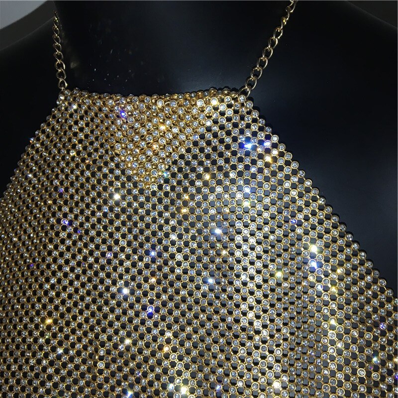 Women Luxury Handmade Rhinestones Camis Backless Metal Chain Nightclub Tops Gold Diamond Tank Tops