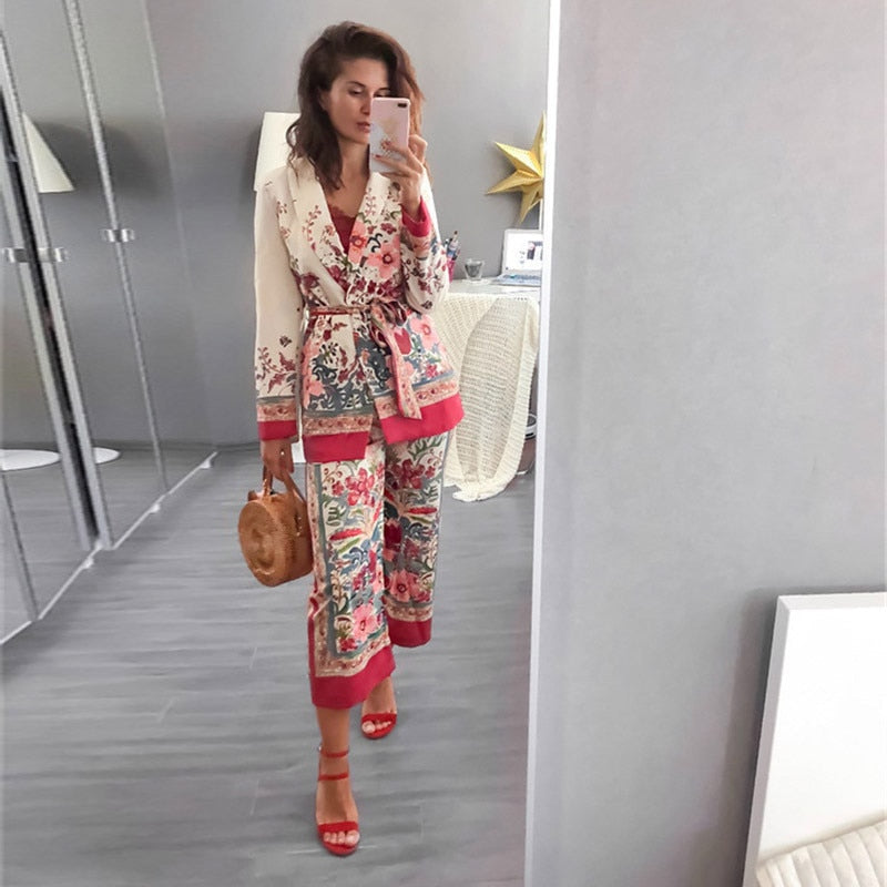 Women&#39;s Trouser Suit Cross V-Neck Long Sleeve V Neck Kimono Jackets+Printed Wide Leg Trousers Two Piece Set Suits Autumn Wear