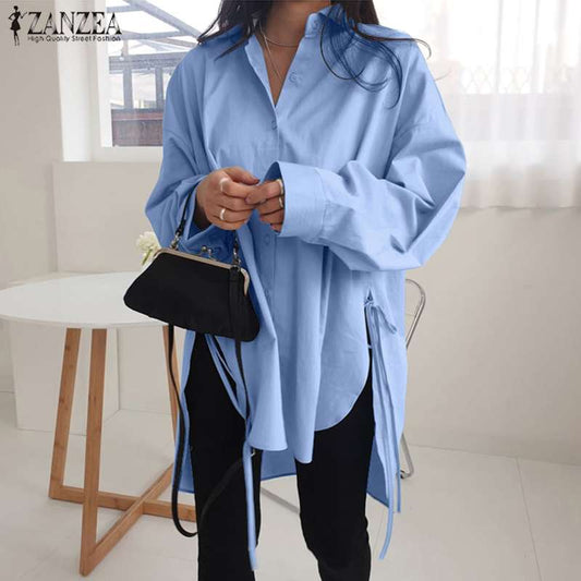 Stylish Solid Shirts Women's Asymmetrical Blouse 2022 ZANZEA Casual Lace Up Blusas Female Button Lapel Shirt Oversized Tunic