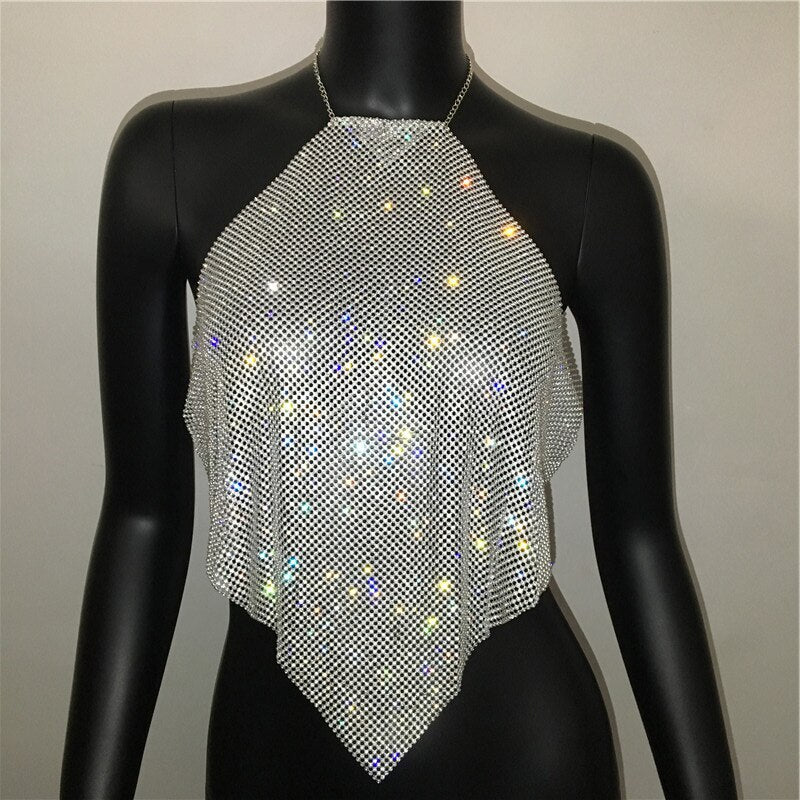 Women Luxury Handmade Rhinestones Camis Backless Metal Chain Nightclub Tops Gold Diamond Tank Tops