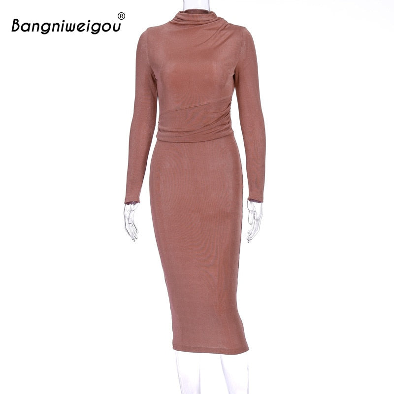 Ruched Waist Wrap Midi Dress Women Elegant Long Sleeve Bodycon Party