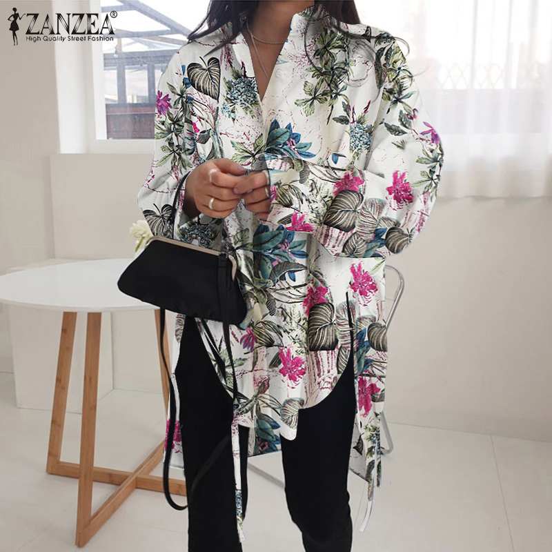 Stylish Solid Shirts Women's Asymmetrical Blouse 2022 ZANZEA Casual Lace Up Blusas Female Button Lapel Shirt Oversized Tunic