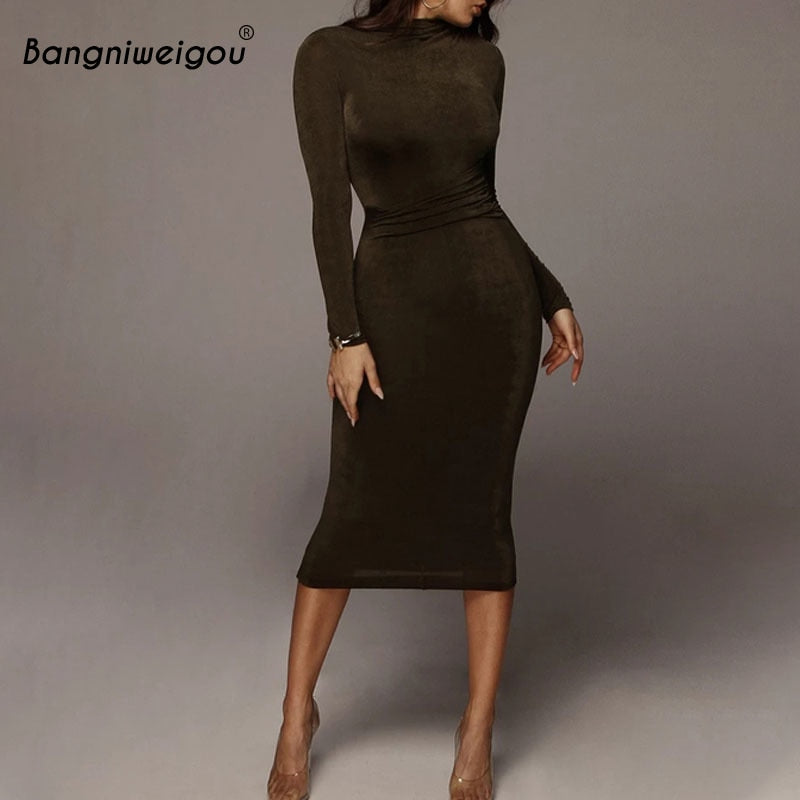 Ruched Waist Wrap Midi Dress Women Elegant Long Sleeve Bodycon Party