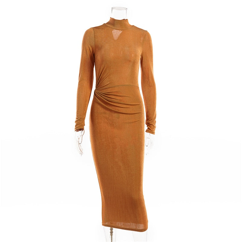 Ruched Waist Wrap Midi Dress Women Elegant Long Sleeve Bodycon Party