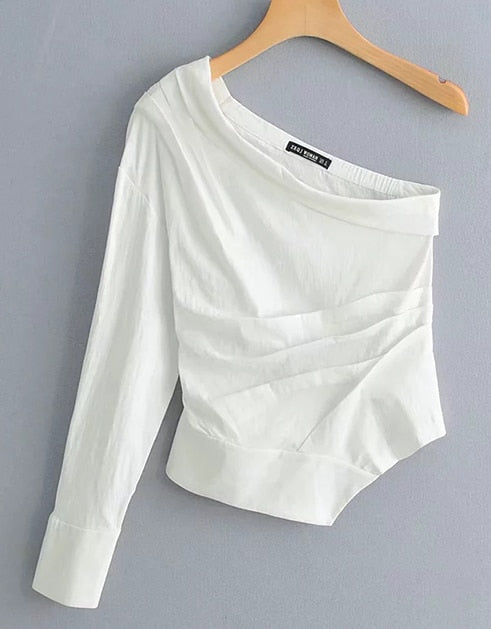 Women White Fashion One Shoulder Cotton Linen Za Shirts 2019 Chic Female Long Sleeve Summer Casual pleated Irregular Tops Femme